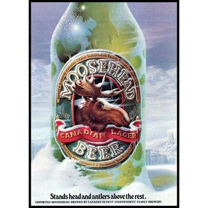 1984 Moosehead Canadian Beer Vintage Print Ad Green Bottle Moose Antlers Art